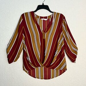 Lush Red Brown White Stripe 3/4 Sleeves Casual Summer Fall Blouse Tops Small